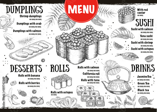Menu with ink hand drawn sushi illustration.