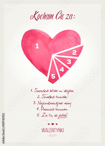 Podzielone serce na kawałki z napisem „Kocham Cię za…” z okazji Walentynek