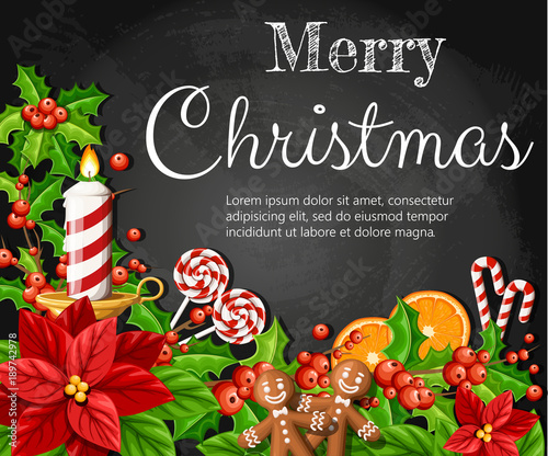 Christmas decoration red poinsettia flower and mistletoe with green leaves gingerbread orange slice canela stick vector illustration isolated on black background with place for your text