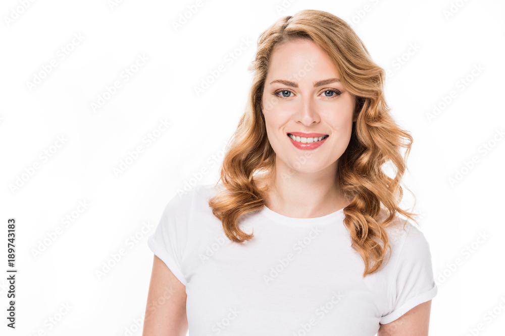 portrait of attractive smiling caucasian woman isolated on white portrait of attractive smiling caucasian woman isolated on white