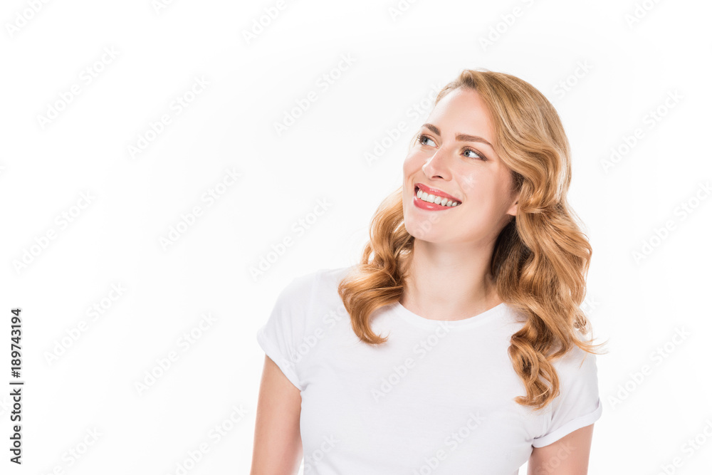 portrait of cheerful caucasian woman looking away isolated on white portrait of cheerful caucasian woman looking away isolated on white