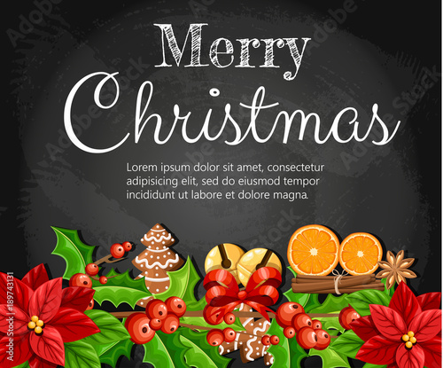 Christmas decoration red poinsettia flower and mistletoe with green leaves gingerbread orange slice canela stick vector illustration isolated on black background with place for your text
