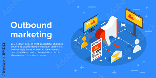 Inbound and outbound marketing vector business illustration in isometric design. Online and offline or interruption and permission marketing background.