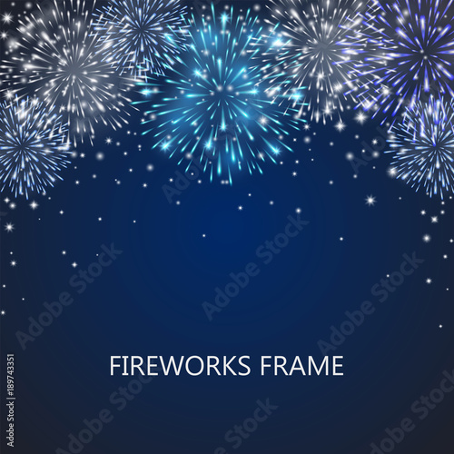 Fireworks light effect frame, shining winter decorative holiday design for Christmas posters, banners, invitation. Sparkles energy silver explosions with snow sparkles.