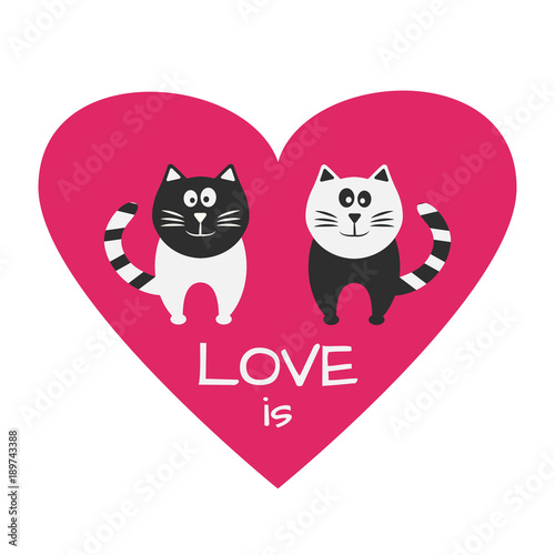 Black and white cats couple in the center pink heart and inscription LOVE. Festive card for Valentine's Day. Vector illustration © Sylfida
