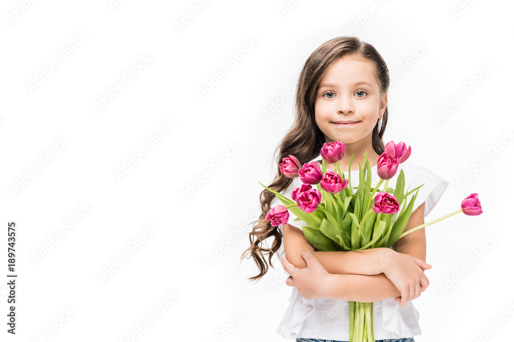 portrait of cute smiling child with bouquet of flowers in hands isolated on white, mothers day concept portrait of cute smiling child with bouquet of flowers in hands isolated on white, mothers day concept