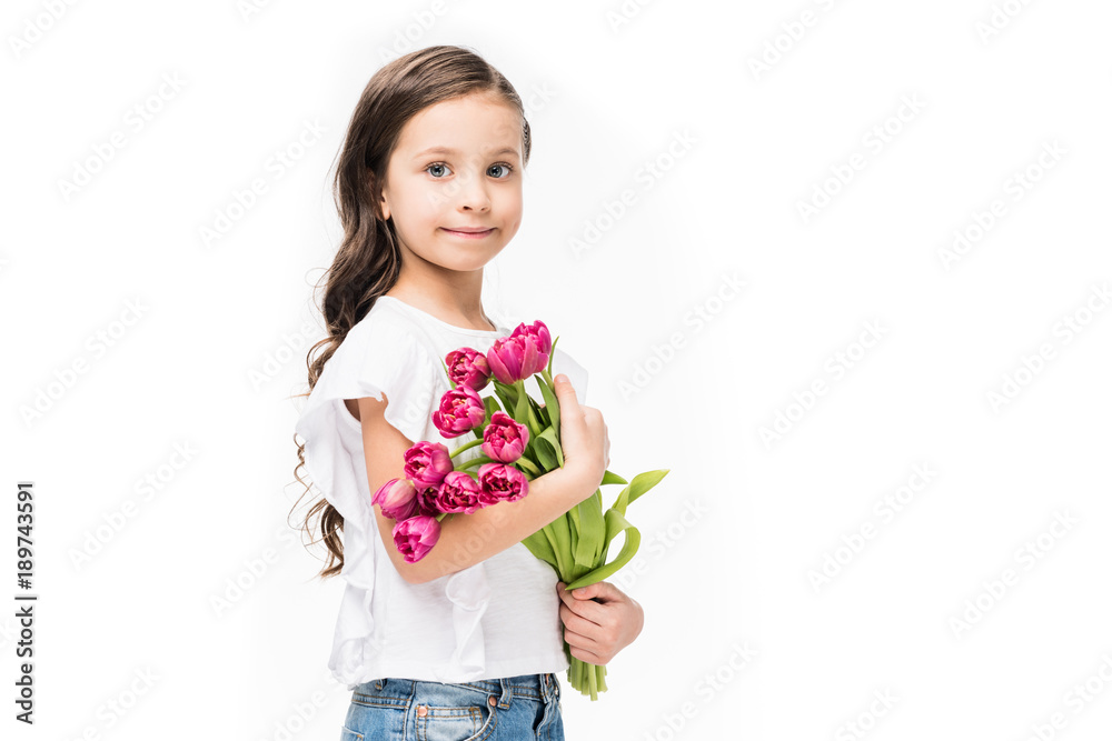 portrait of cute child with bouquet of flowers in hands isolated on white, mothers day concept portrait of cute child with bouquet of flowers in hands isolated on white, mothers day concept