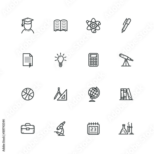 set of frameless black and white icons on the theme of education