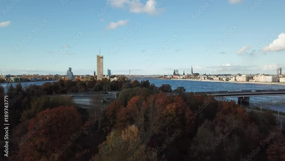 Riga Latvia Daugava river Zakusala island Aerial drone top view Riga Latvia Daugava river Zakusala island Aerial drone top view