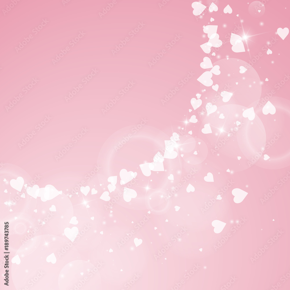 Falling hearts valentine background. Big radiant left top corner on pink background. Falling hearts valentines day sublime design. Vector illustration. Falling hearts valentine background. Big radiant left top corner on pink background. Falling hearts valentines day sublime design. Vector illustration.