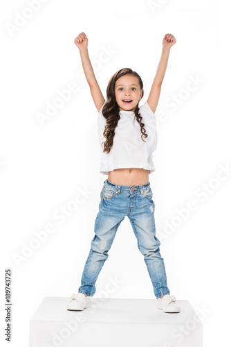 happy child with outstretched arms isolated on white