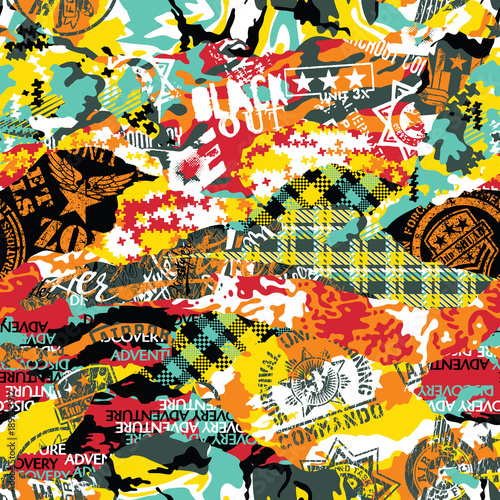 Grunge camouflage patchwork with military badges vector seamless pattern 