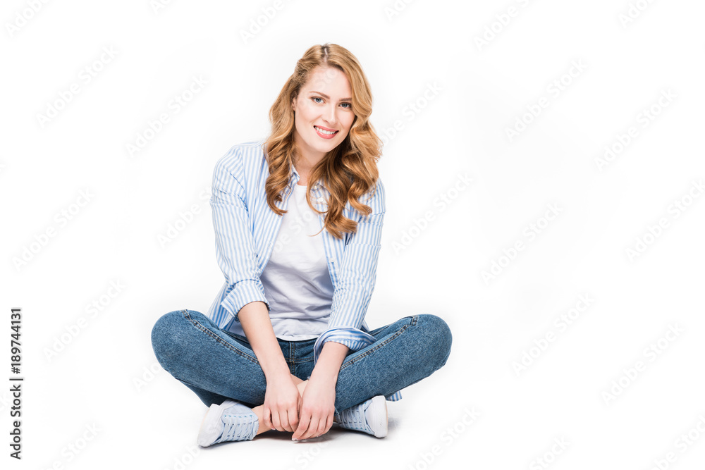 smiling blond woman looking at camera isolated on white smiling blond woman looking at camera isolated on white