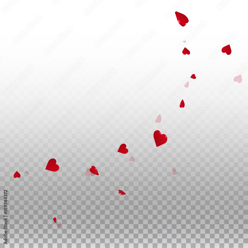 3d hearts valentine background. Big radiant left top corner on transparent grid light background. 3d hearts valentines day classic design. Vector illustration.