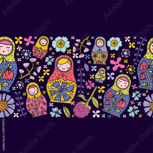 Gorizontal seamless border with russian motiv. Matryoshka and flowers. Cute babushka.