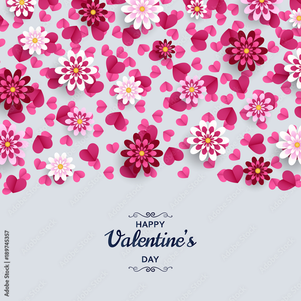 Happy Valentine Day background. Good design template for banner, greeting card, flyer. Paper art flowers and hearts. Vector illustration. Happy Valentine Day background. Good design template for banner, greeting card, flyer. Paper art flowers and hearts. Vector illustration.