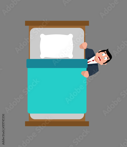 Businessman fears hiding under bed. Fear illustration.