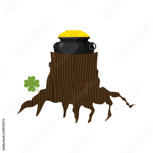 Pot of gold in stump. Treasure of leprechaun. Illustration for St.Patricks Day. national irish holiday
