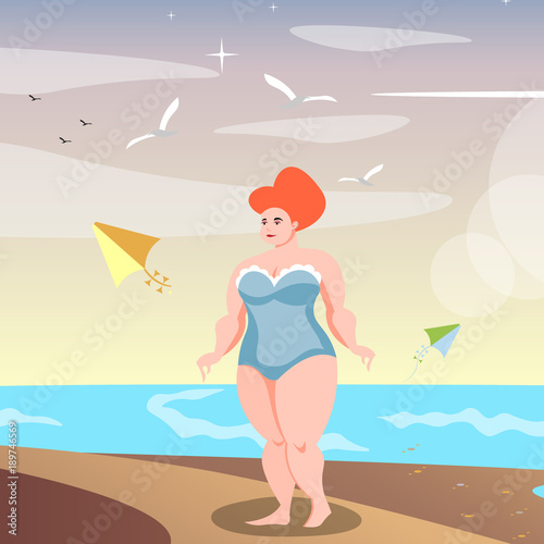 Cute confident full-figured woman on the beach