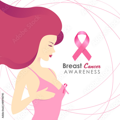 Breast cancer awareness with woman doing breast self examand and pink ribbon sign banner vector design