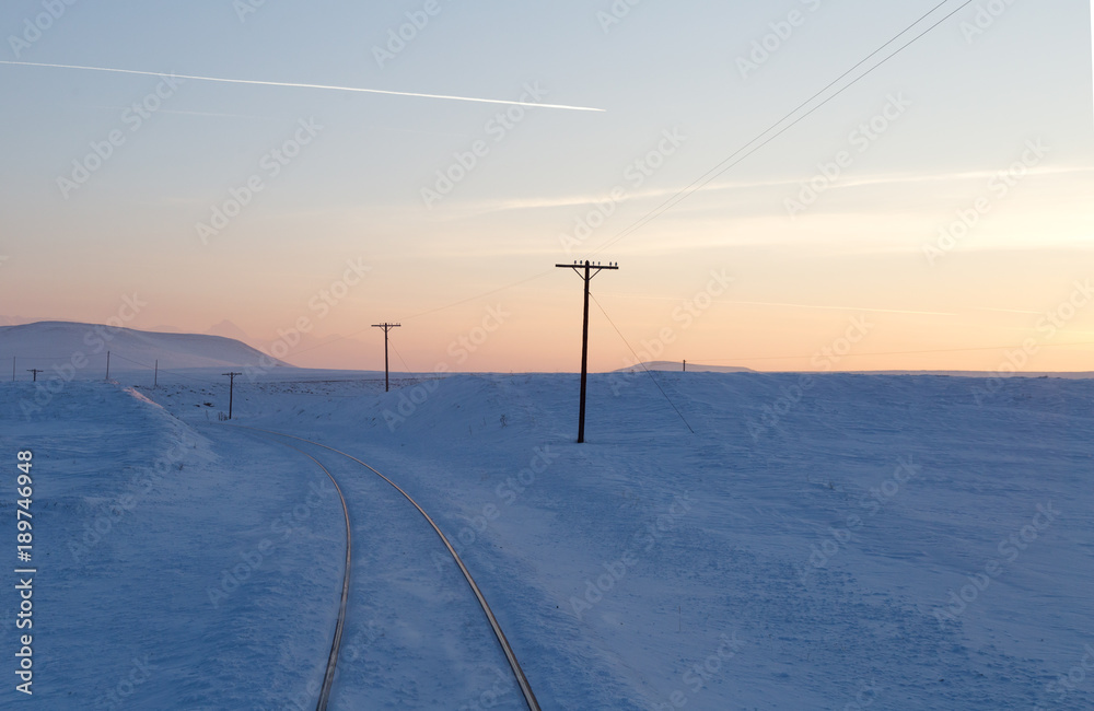 Railway, snowy background