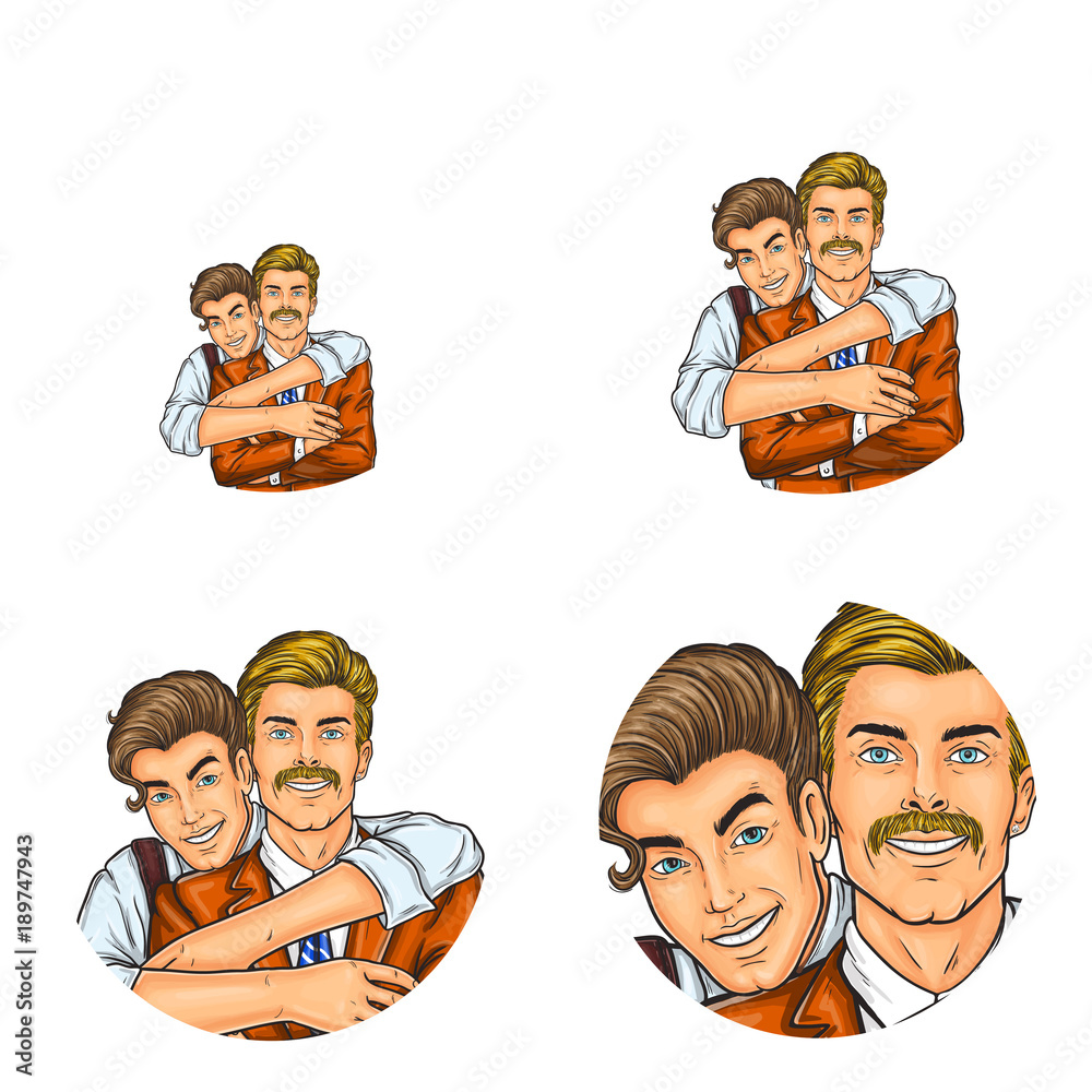 Vector pop art avatars for social network chat user profile or blog account  picture icon template. Son boy embracing or hugging father adult man and  happy smiling. Retro sketch set Stock Vector