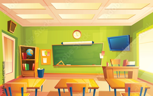 Vector school classroom interior. University, educational concept, blackboard, table, chair college furniture. Training room illustration for advertising, web, internet promotion photo