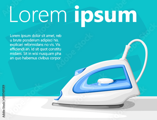 White electric steam iron on ironing board vector illustration on turquoise background with place for your text website page and mobile app design