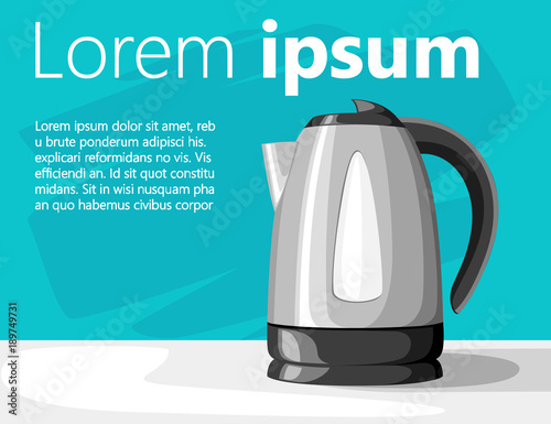Modern electric kettle on gray table black plastic and stainless steel with place for your text vector illustration on turquoise background