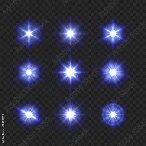 Blue Light Sparkling and Shining Stars Set on Transparent Background. Vector