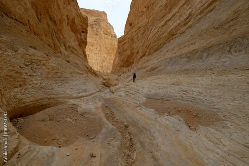 Schilderij op canvas Alone hiker traveling in deep dry gorge in Judea desert.