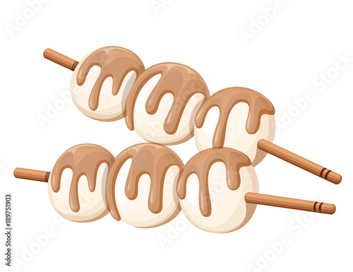 Japanese sweet rice dessert dango with unagi sauce vector illustration isolated on white background