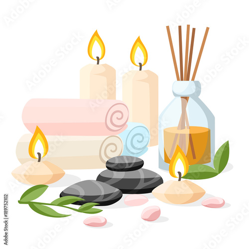 Colorfull spa tools and accessories black basalt massage stones herbs rolled up towel candles and oil vector illustration on white and blue background with place for your text