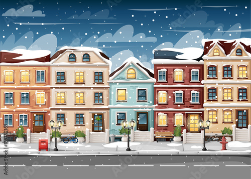 Snow-covered street with colorful houses fire hydrant lights bench red mailbox and bushes in vases cartoon style vector illustration website page and mobile app design