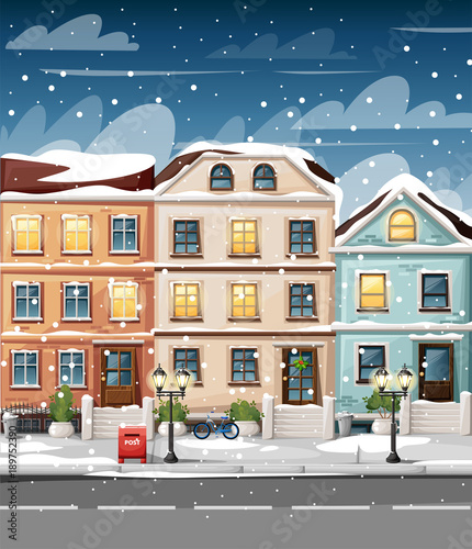 Snow-covered street with colorful houses lights bench red mailbox and bushes in vases cartoon style vector illustration website page and mobile app design