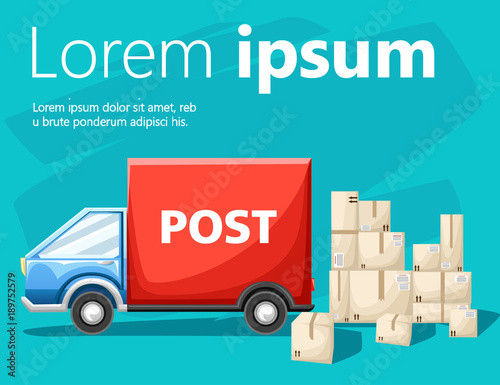 Blue postal car with parcels box vector illustration isolated on turquoise background with place for your text website page and mobile app design