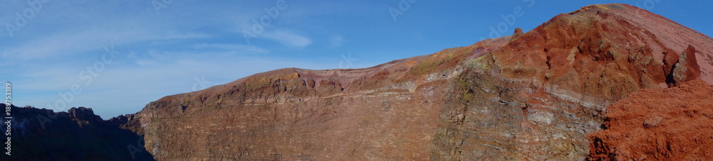 Panoramic view at the top of the crater of the volcano Vesuvius in Campania, Naples, Italy