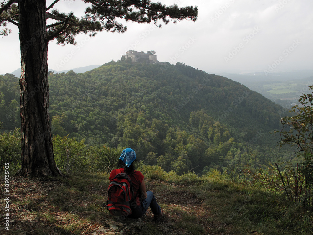 Fototapeta premium Wanderer mit Blick auf die Burgruien Hohenneuffen, Schwäbische Alb