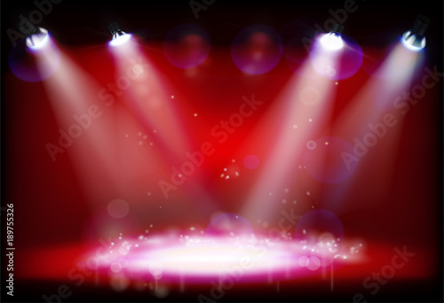 Night performance. The stage with red lights. Vector illustration.