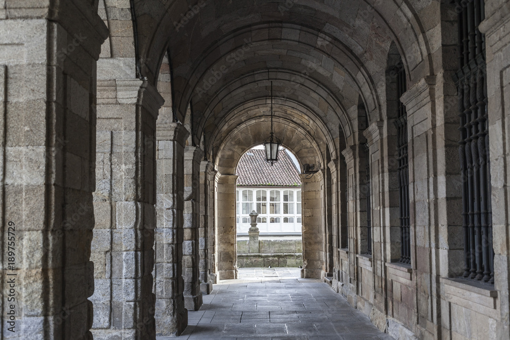 Arches in Palace, Palacio de Raxoi, Obradoiro square.Santiago de Compostela, Galicia, Spain.