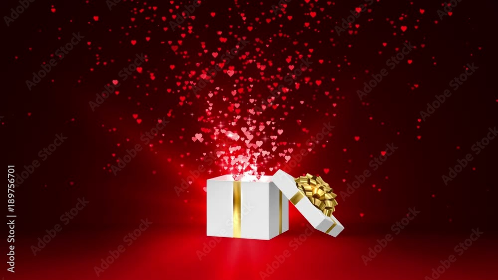 Open white holiday gift box with gold bow and with flow red and pink hearts. Valentines Day loop festive animation on the red background.