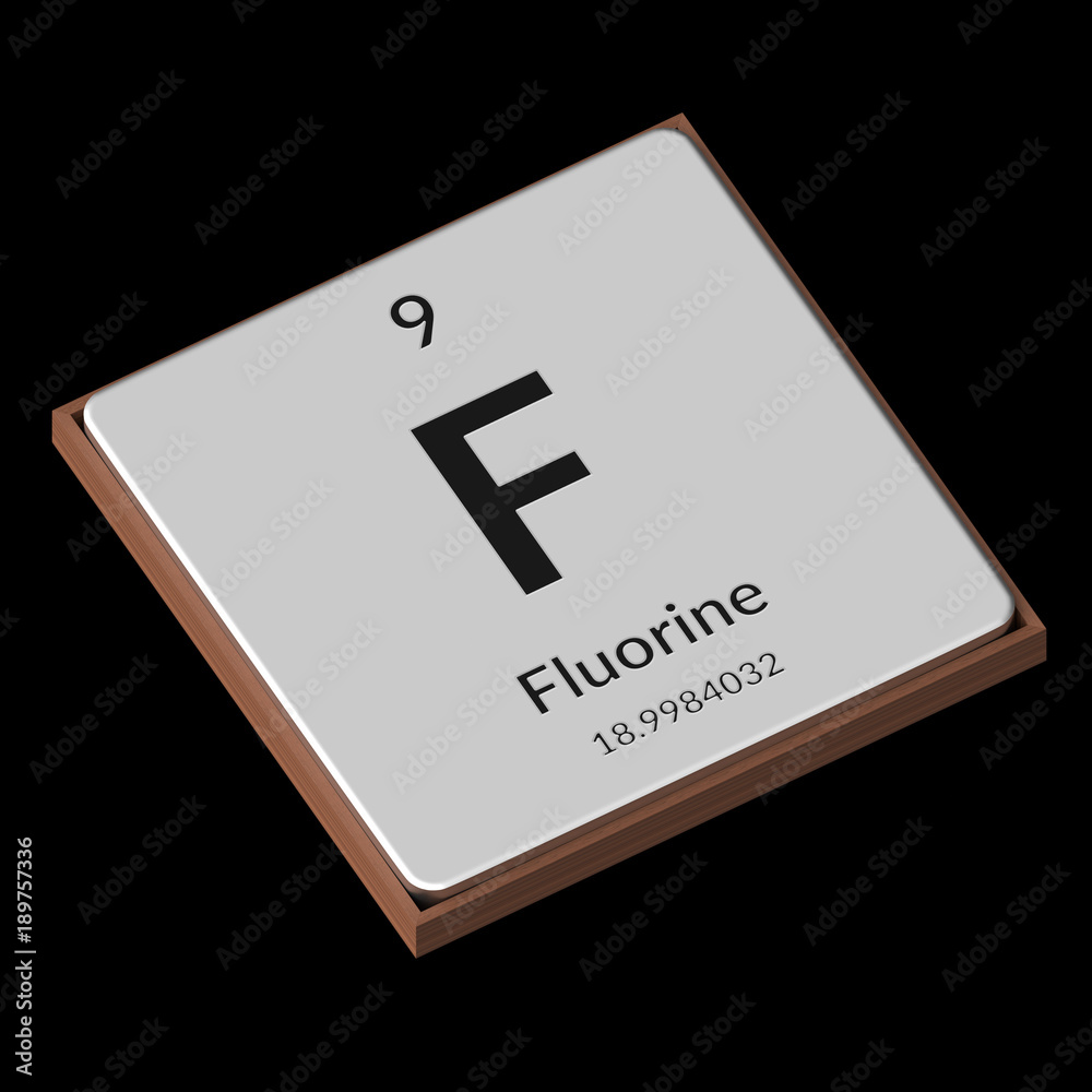 Chemical Element Fluorine Embossed Metal Plate on a Black Background Chemical Element Fluorine Embossed Metal Plate on a Black Background