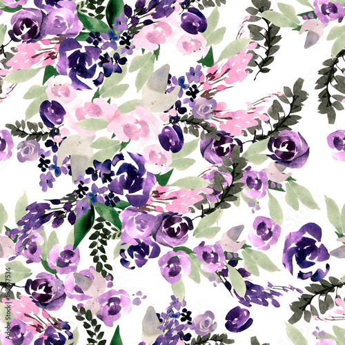 Beautiful watercolor pattern with purple and pink flowers.