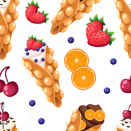 Seamless pattern Hong Kong waffle with cherry strawberry orange and whipped or chocolate cream vector illustration isolated on white background website page and mobile app design