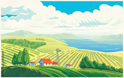 Rural landscape with a beautiful view of distant fields and lake or sea. Vector illustration.