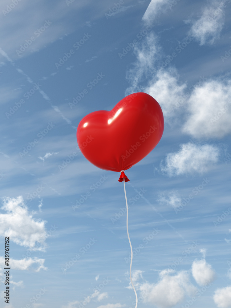 red hearts balloons over blue sky. Love, valentines day, romantic, wadding or birthday background