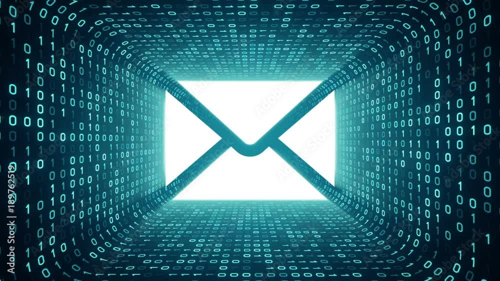 White envelope icon form cyan binary tunnel on cyan background ...