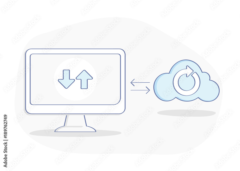 Sync, cloud storage, data syncing across devices. Service exchange or data processing, network of devices, connection, update, synchronize. Device connected to the Sync, cloud storage, data syncing across devices. Service exchange or data processing, network of devices, connection, update, synchronize. Device connected to the