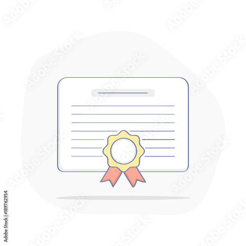 Degree, certificate, contact, graduate degree, charter, license, quality icon, diploma, award or achievement with stamp. Flat outline vector concept on white.
