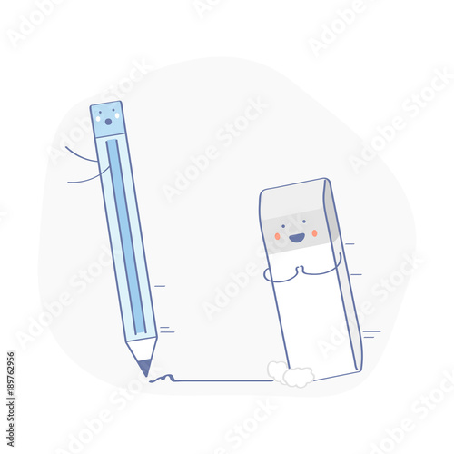 Cute funny eraser chasing the pencil. He wants to cuddle. Rubber icon, correction symbol, erasure mistake correction, remove, deleting tool. Flat outline vector illustration on white background.